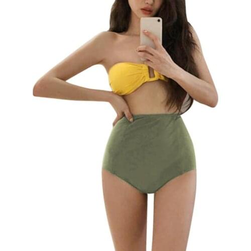 Womens Solid Color 2Pcs Bikini Suit Strapless Low Neck Bustier Tops with High Waist Triangle Bottoms for Beach/ Swimming