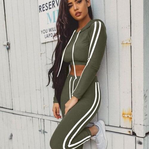 Fitness Casual 2 Piece Set Tracksuit Women Side Striped Hoodies Cropped Tops and Pants Jogger Two Piece Outfits Streetwear 2022