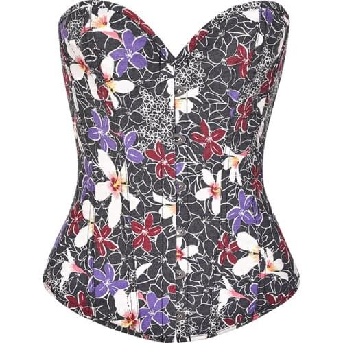 New Purple Vintage Printed Denim Bustier Sexy Gothic Clothing Women Floral Overbust Corset Top Party Club Wear Corselet Jeans