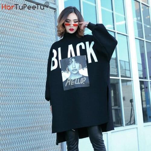 Women Fleece Black Hoodie Dress Autumn Winter 2020 Boyfriend Thick Sweatshirt Mock Neck Split Cropped Hem 3 Colours Pullover