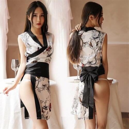 Japanese Kimono Dress Women Sets Sexy Lingerie Sleeveless Split Skirt Belt Floral Print Pajamas Girls Uniform Sexy Play Costume
