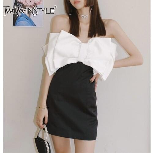 TWOTWINSTYLE Sexy Dress For Women Slash Neck Sleeveless Hit Color Patchwork Bowknot Mini Dresses Female Summer Fashion 2021