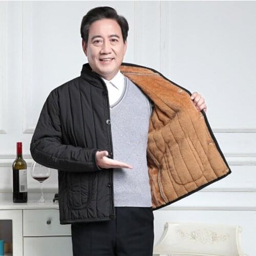 Winter Plus Velvet Lining Thick Warm Casual Coat Fashion Men Cotton Jacket Middle-aged Father Men Black Outerwear