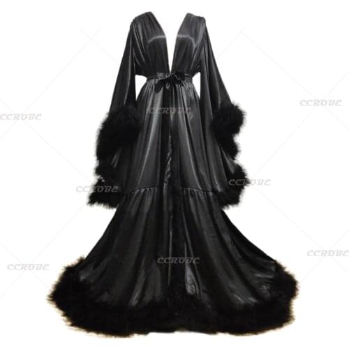 Women 's Feather Bathrobe Long Sleeves Sleepwear Bridal Robe Long Wedding Party Dressing Gown Pregnancy Photoshoot Dress