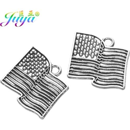 Juya 10pcs Wholesale Antique Silver Color USA/American Flag Charms Pendants For Bracelets Necklace Making DIY Handmade