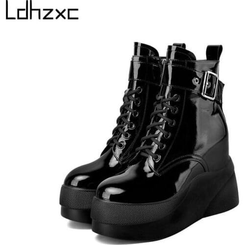 LDHZXC Genuine Leather Black High Platform Boots Women Fashion Women Lace-up High Heeled Sole Ankle Boots Ladies