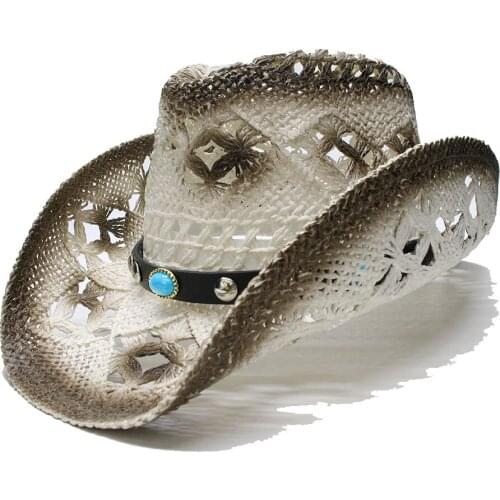 LUCKYLIANJI Womens Mens Unisexs Vintage Wide Brim Straw Sun Beach Cowboy Cowgirl Western Hat Turquoise Leather Band (58cm)