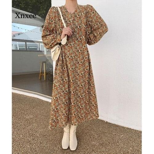 Fashion Elegant Floral V Neck Long Dress Lantern Sleeve a Line Loose Dresses Party Sweet Women Casual Spring Clothing