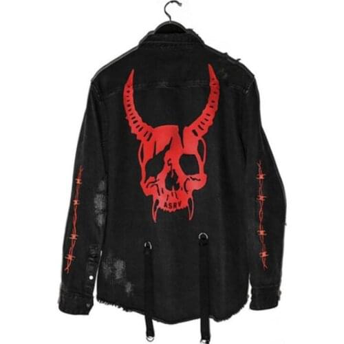 Harajuku Gothic Demon Hunter Skull Black Denim Jacket Men Rock Punk Heavy Metal Sweatshirt Sudadera Suspenders Hole Streetwear