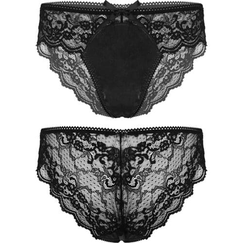 Mens Panties Gay Underwear Satin Patchwork Underwear Sissy Nightwear See-through Floral Lace Underpants Low Waist Briefs