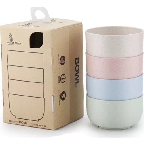 450ml 4pcs Solid Plastic Round Blue Pink Mixing Wheat Straw Tableware Japanese Bowl Set Gift Noodle Cute Rice Salad Snack Bowl