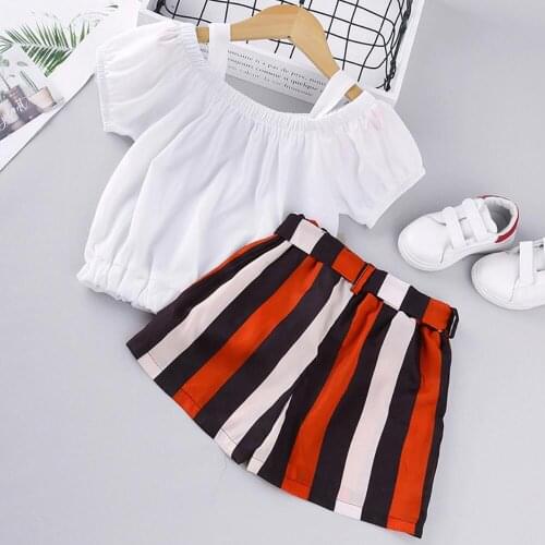Toddler Girls Clothes Summer Fashion White Open Shoulder Bubble Sleeve Tops + Stripe Shorts 2pcs Kids Chiffon Tracksuit Suit