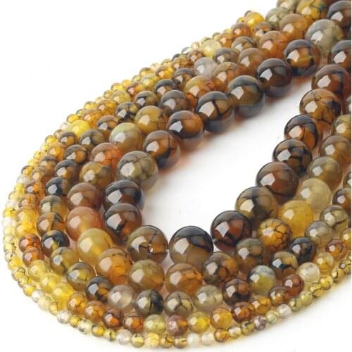 Wholesale Natural Stone Yellow Dragon Veins Agates Round Loose Beads For Jewelry Making DIY Bracelet Necklace 15'Strand 4-12mm