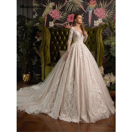 Custom Made Illusion O-Neck Embroidery Appliques Tulle Chapel Train Bridal Ball Gown High-End Button Full Sleeve Wedding Dress
