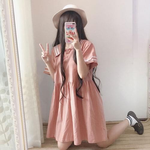Kawaii Lolita Sailor Collar Navy Dress Japanese Lolita Sweet Bow Girl retro Cotton Kawaii Preppy Style Pink Apricot Dresses