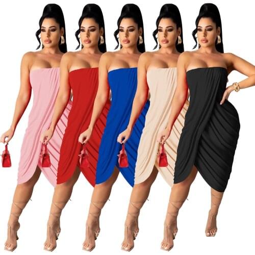 Sexy Dress Spring Summer Fashion Pleated Folds Mid-Calf Strapless Solid Sleeveless Pullover Dress for Women