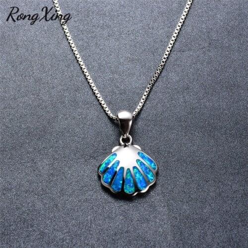 RongXing Chic Shell Design Blue Fire Opal Pendants & Necklaces For Women Fashion Silver Color Necklace Gift NL0085