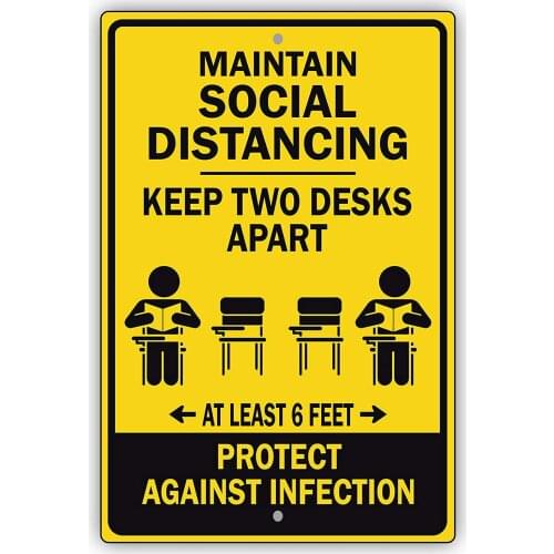 Afterprints Maintain Social Distancing Keep Two Desks Apart Indoor Outdoor Caution Novelty Aluminum Metal Sign 12"x8"