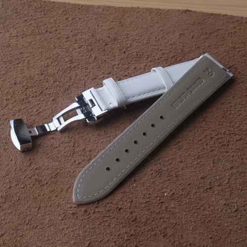 Watchband Genuine Leather White Smooth Womens Watch Band 14mm 16mm 18mm 20mm Mens Leather Straps lady Silver Butterfly Buckle