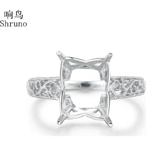 Shruno Antique Fine Jewelry Real 10k White Gold Semi Mount Cushion Emerald Cut 10X8mm Ring Women Vintage Engagement Wedding Ring