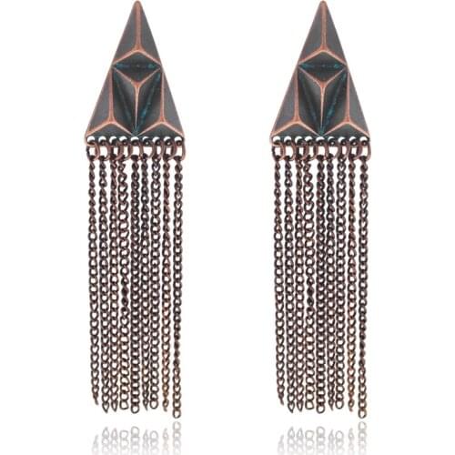 Stylish Bronze Triangular Rivets Egyptian Turkish Pyramid Metal Alloy Chain Fringed Earrings Antique Jewelry For Ladies Aretes