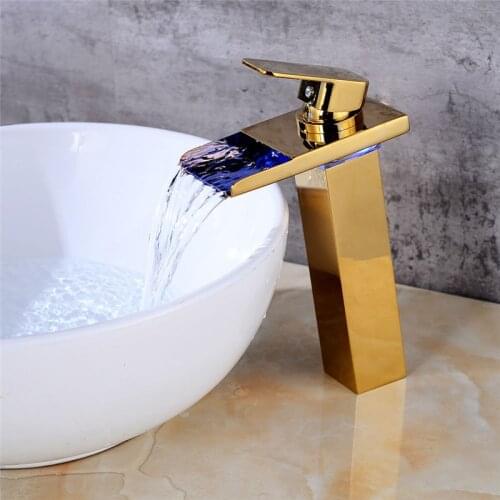 Led Faucet Temperature Controlled Basin Faucet LED Crane Water Tap Gold/Black/Chrome Bathroom Waterfall Faucet Bathroom Faucets
