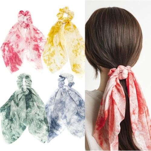 Tie Dye Chiffon Long Ribbon Elastic Hair Band Ponytail Holder for Women Scrunchy Gum Ties Headwear Hair Accessories Ornaments