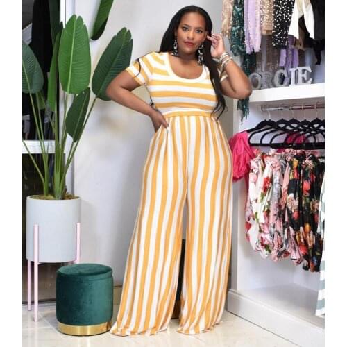 2 Pieces Yellow Stripe Print Womens Suits U Neck Short Sleeve Tee Tops Loose Wide Leg Long Pants Plus Size Summer Casual Outfit