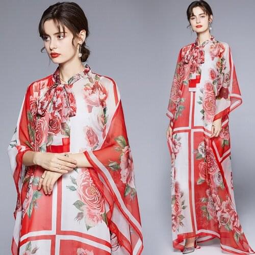 Spring Summer Fall Fashion Floral Print Bow Tie Neck Long Bell Sleeve Empire Waist Women Ladies Party Casual Beach Maxi Dress