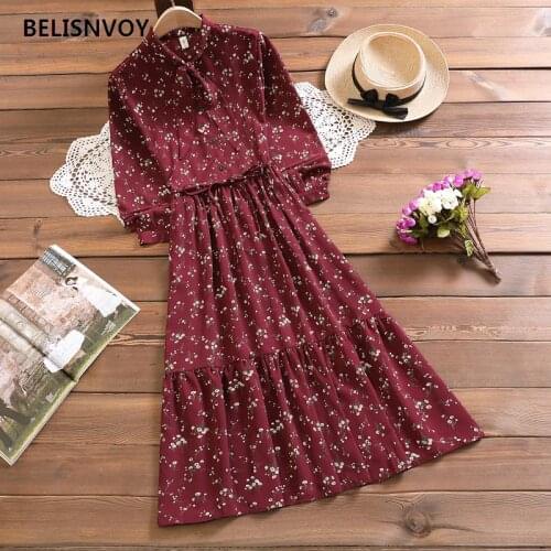 Korean Style Long Sleeve Vintage Floral Women Dress With Sashes Sweet Ruffles Chiffon Dresses Elegant Chic Midi Party Vestidos