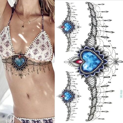 1sheet Under breast sapphire Chest Flash Tattoo 23 models large flower shoulder arm Sternum tattoos body/back paint necklace new