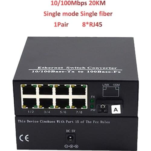 1Pair Price 100M Fiber Optic Media Converter 25KM Singlemode Single Fiber SC Interface 8Port RJ45 Ethernet Transceiver