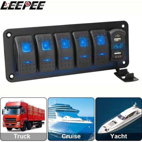 5 Gang Rocker Switch Panel 4.2A Outlet Combination Digital Voltage Display Dual USB Port for Car SUV Marine RV Truck Universal