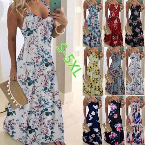 @ Womens Sling Loose Dress Fashion V-neck Floral Printed Dress Sleeveless Elegant Maxi Dess Summer Beach Maxi Boho Dress