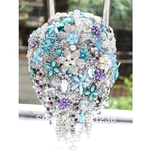 Bride holding flowers purple blue,brooch bouquet Handmade droplets teardrop jewelry bouquet Wedding decoration
