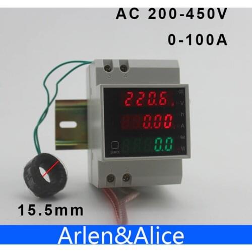 Din rail LED AC 200-450V 0-100.0A voltmeter ammeter display active power and power factor time Energy meter witch extra CT