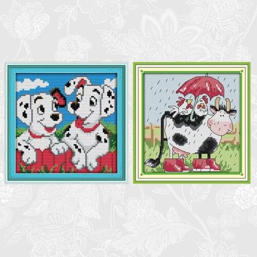 Joy sunday Two spots dog 14CT Printed Canvas 11CT White Fabric Cross Stitch kits Cows and chicken Needlework Embroidery Sets