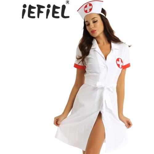 Women Female Sexy Nurse Costume Deep V Sexy Doctor Cosplay Adult Nurse Uniform Role Play Party Dress with Belt and Hat