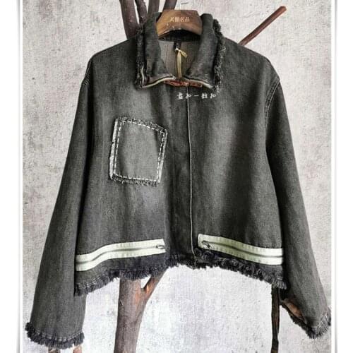 QING MO Holes Women Denim Jacket 2020 Autumn Women Single Button Jacket Female Printed Patchwork Jacket Coat ZQY5481