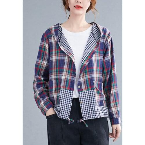 100% Cotton Women Casual Hooded Jacket New 2021 Autumn Simple Style Vintage Plaid Loose Female Long Sleeve Outerwear Coats B1048