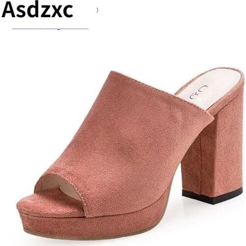 Summer Solid Color women slippers Square High Heels Black Pink Concise Top Quality casual women mules shoes women Party Slides