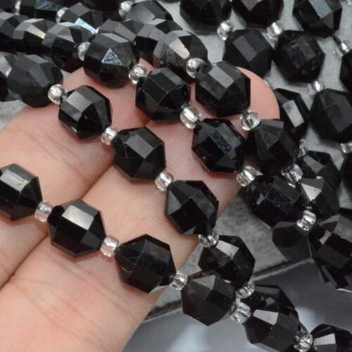 Natural Black Tourmaline Faceted Puffed Tube Beads 7x8mm