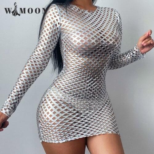 Autumn Sexy Bodycon Hollow Out Dress Silver Diamond Mesh Club Long Sleeve Mini Pencil Party Dress for Women