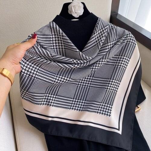 Foulard Female Neck Scarf Silk Square Plaid Hijab Bandana Women Summer Soft Headband Scarves Beach Shawls Wraps Lady Pashmina