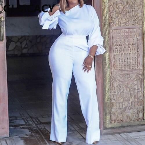 Long Sleeve Casual Solid Jumpsuit Skew Neck Elegant Overalls