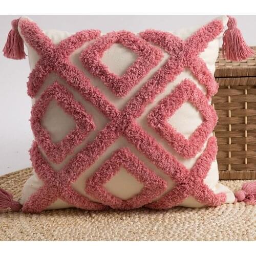 Papa&Mima Pink Plaids 3D Quilted Cotton Linens Soft Square Knitted Cushion Covers Protective No Core for Sofa Chair Car