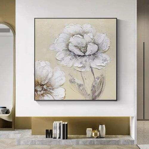 Hand Painted Abstract Oil Painting On Canvas White Flowers Minimalist Modern Wall Art Decorative For Living Room No Frame