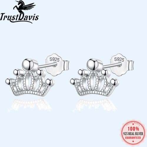 Trusta 100% 925 Sterling Silver Womens Jewelry Fashion Tiny 7mmX9mm Crown Stud Earrings Gift For Girls Kid Lady Women DS123