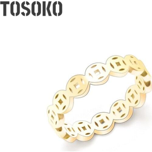 TOSOKO Stainless Steel Jewelry Chinese Style Copper Coin Ring Female Personality Ring BSA081