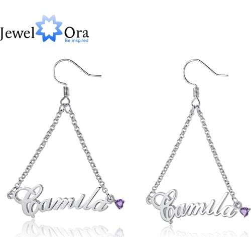 JewelOra Customized Name Dangle Earrings with 2 Heart Birthstones Personalized Letters Tassel Earrings for Women Gifts for Her